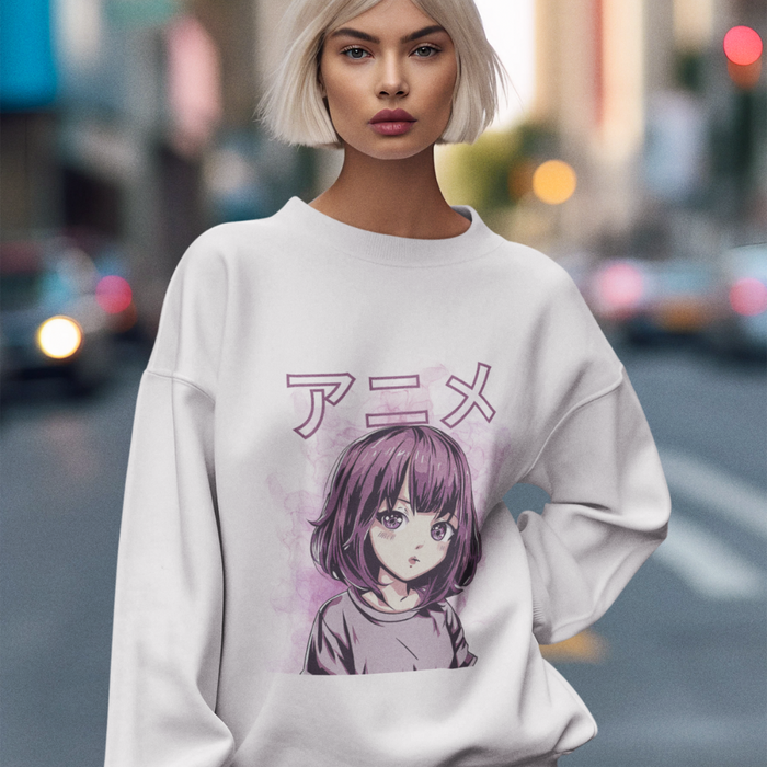 Anime Sweatshirt in Vibrant Purple: black, purple anime-style girl character, anime streetwear style