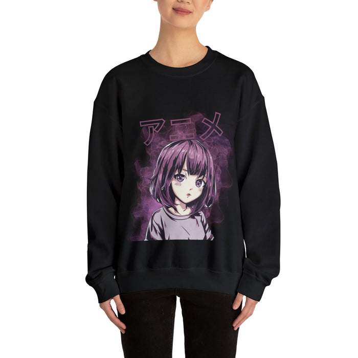Anime Sweatshirt in Vibrant Purple: black, purple anime-style girl character, anime streetwear style