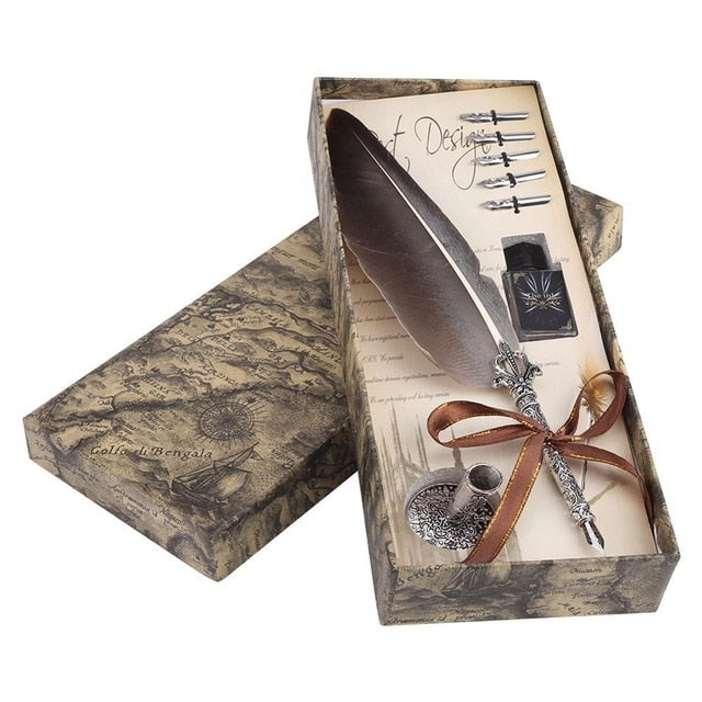 Antique Calligraphy Feather Quill Pen Set: brown, beige vintage writing/letter theme, vintage, antique-inspired style