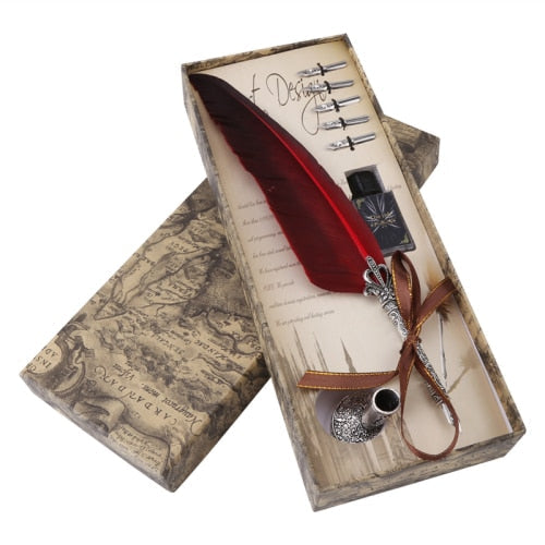 Antique Calligraphy Feather Quill Pen Set: brown, beige vintage writing/letter theme, vintage, antique-inspired style