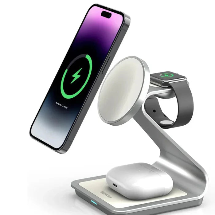 Apple Watch and iPhone 3 in 1 Wireless Charger with Magnetic Connectivity: silver, white multi-device wireless charging stand