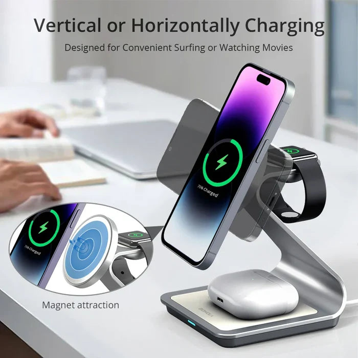 Apple Watch and iPhone 3 in 1 Wireless Charger with Magnetic Connectivity: silver, white multi-device wireless charging stand