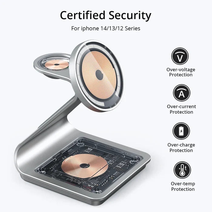 Apple Watch and iPhone 3 in 1 Wireless Charger with Magnetic Connectivity: silver, white multi-device wireless charging stand