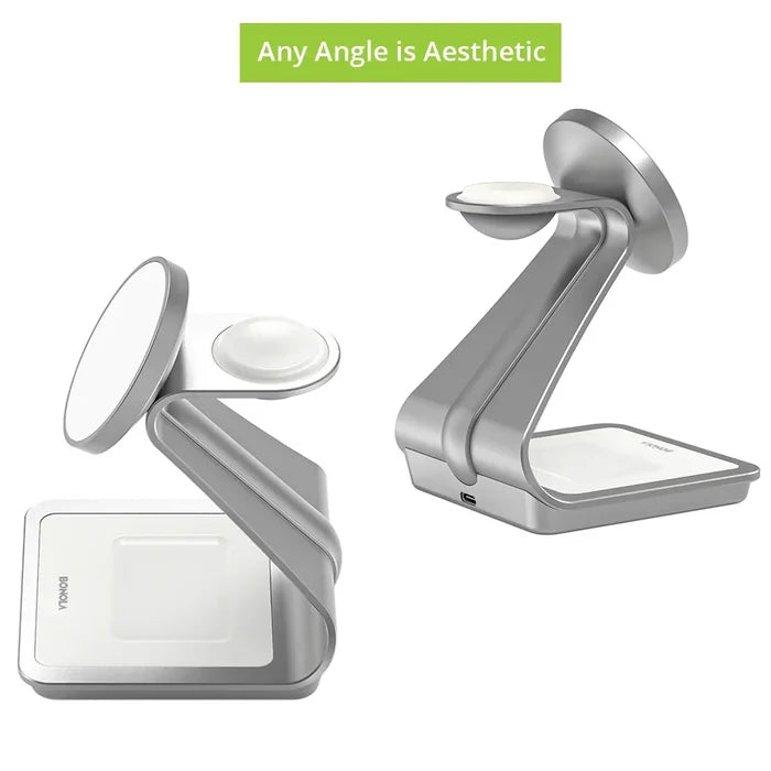 Apple Watch and iPhone 3 in 1 Wireless Charger with Magnetic Connectivity: silver, white multi-device wireless charging stand