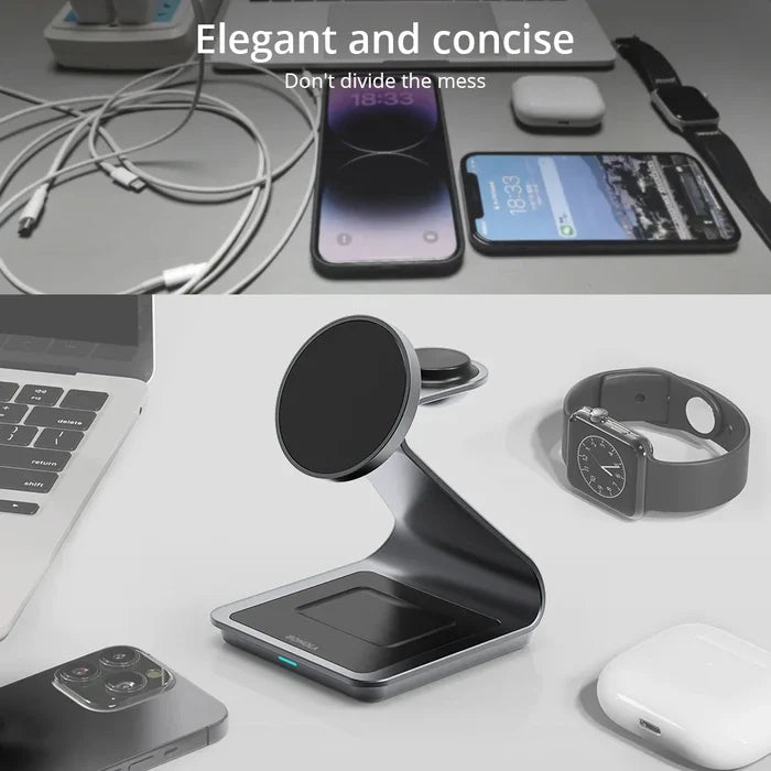 Apple Watch and iPhone 3 in 1 Wireless Charger with Magnetic Connectivity: silver, white multi-device wireless charging stand