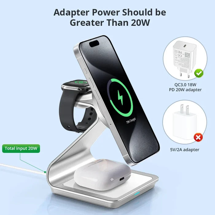 Apple Watch and iPhone 3 in 1 Wireless Charger with Magnetic Connectivity: silver, white multi-device wireless charging stand