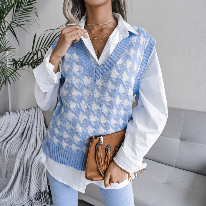 Argyle V-Neck Sweater Vest for Women: light blue, white sweater vest, casual preppy style