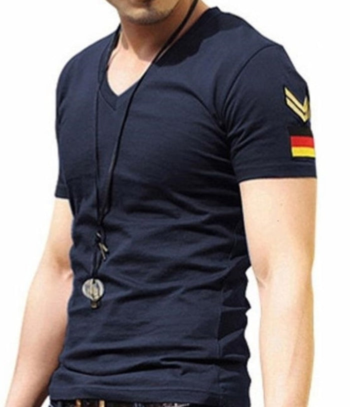 Army Tee Shirt for Men: dark navy blue, yellow short-sleeve V-neck T-shirt, casual military-inspired style