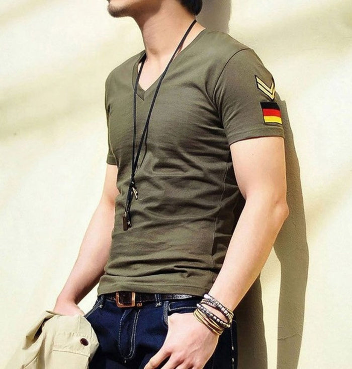 Army Tee Shirt for Men: dark navy blue, yellow short-sleeve V-neck T-shirt, casual military-inspired style
