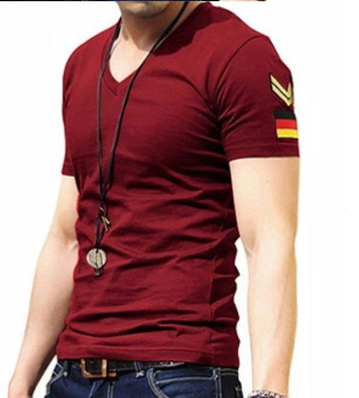 Army Tee Shirt for Men: dark navy blue, yellow short-sleeve V-neck T-shirt, casual military-inspired style