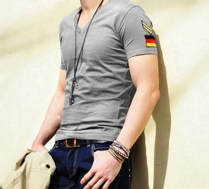 Army Tee Shirt for Men: dark navy blue, yellow short-sleeve V-neck T-shirt, casual military-inspired style