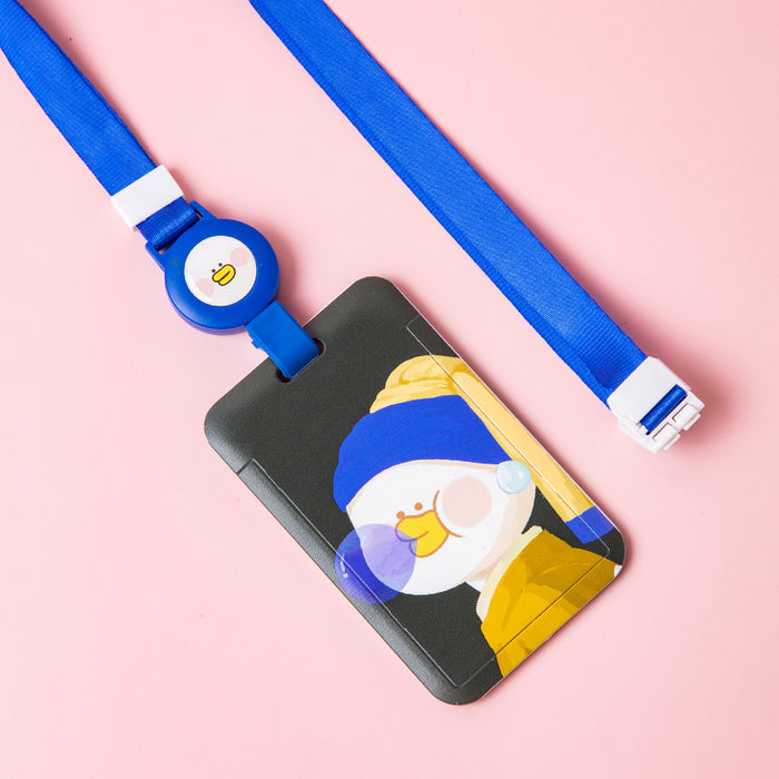 Art Parody Badge Holder with Retractable Lanyard: blue, white cartoon duck character