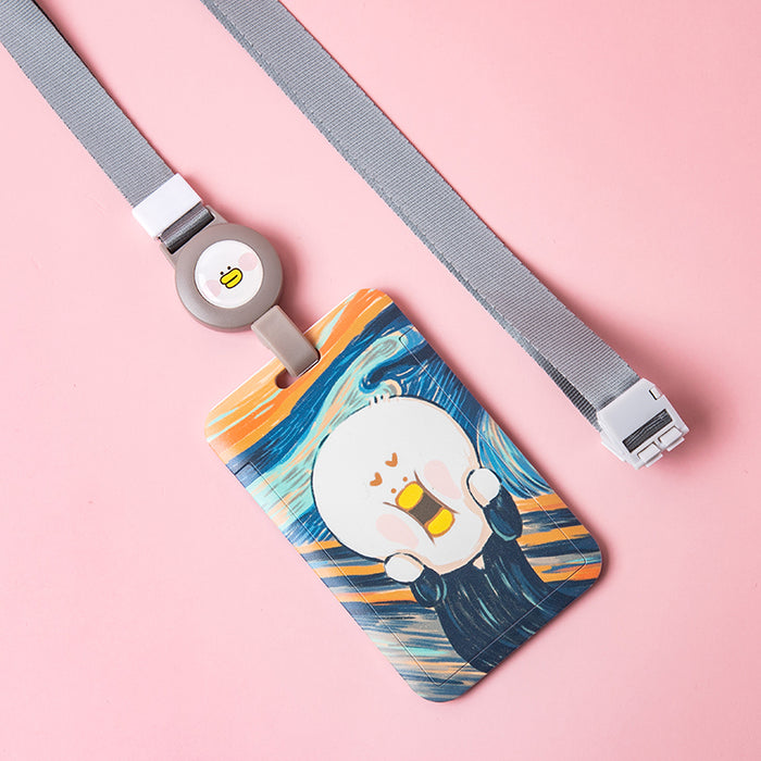 Art Parody Badge Holder with Retractable Lanyard: blue, white cartoon duck character