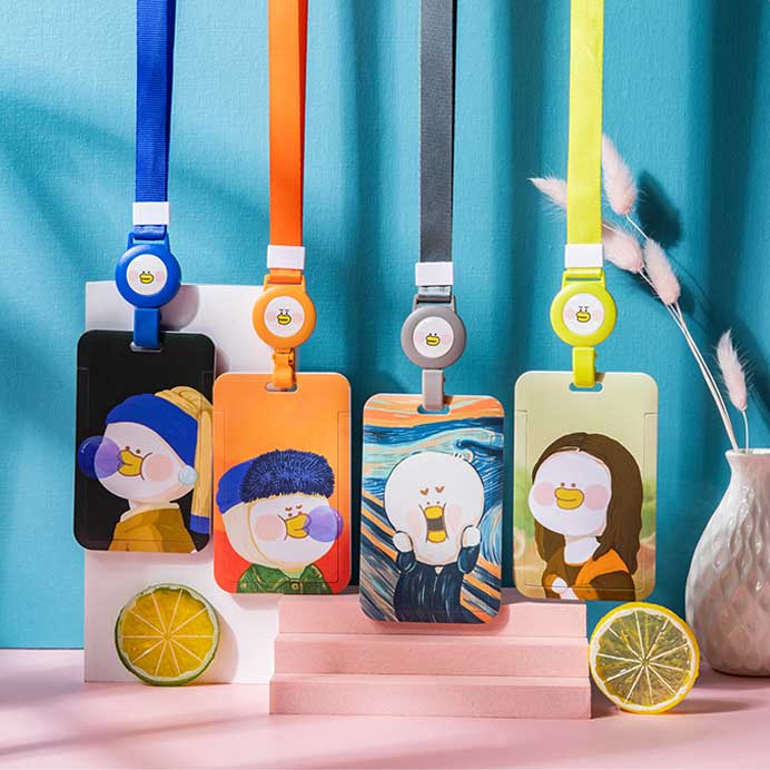 Art Parody Badge Holder with Retractable Lanyard: blue, white cartoon duck character