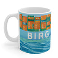 Artistic Cargo Vessel Coffee Cup: white, turquoise abstract illustrated storefront/signage and ocean waves, colorful artistic