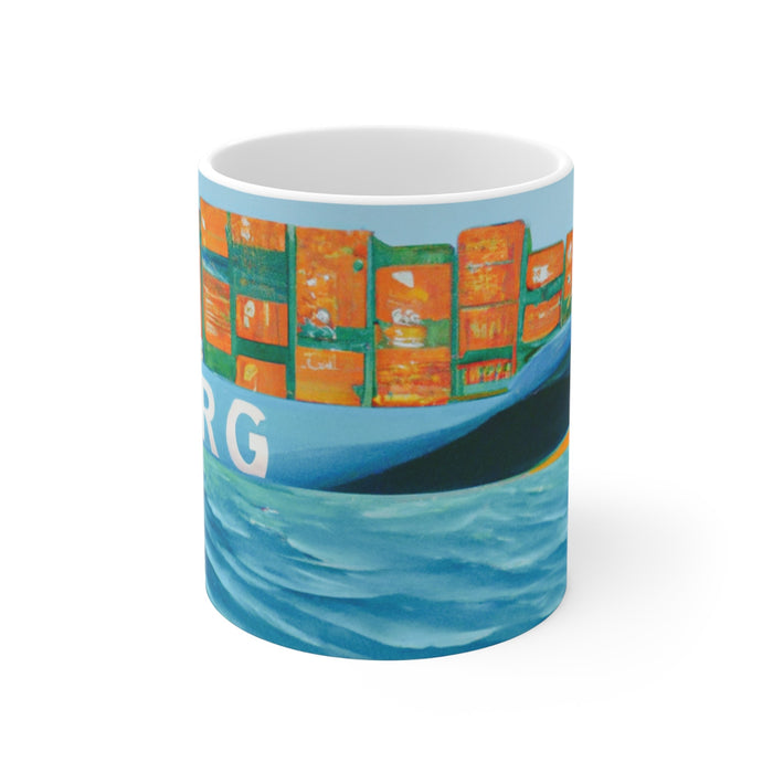 Artistic Cargo Vessel Coffee Cup: white, turquoise abstract illustrated storefront/signage and ocean waves, colorful artistic