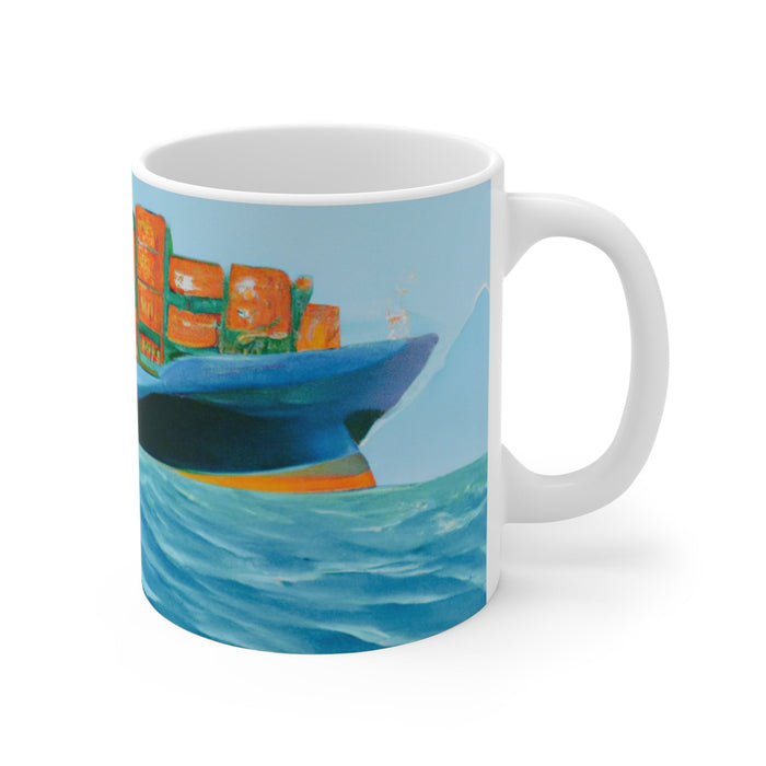 Artistic Cargo Vessel Coffee Cup: white, turquoise abstract illustrated storefront/signage and ocean waves, colorful artistic