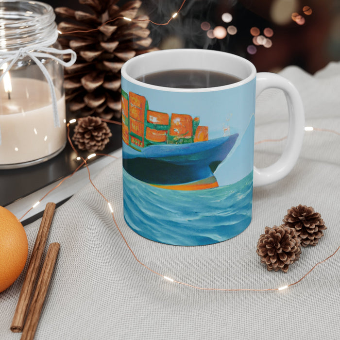 Artistic Cargo Vessel Coffee Cup: white, turquoise abstract illustrated storefront/signage and ocean waves, colorful artistic