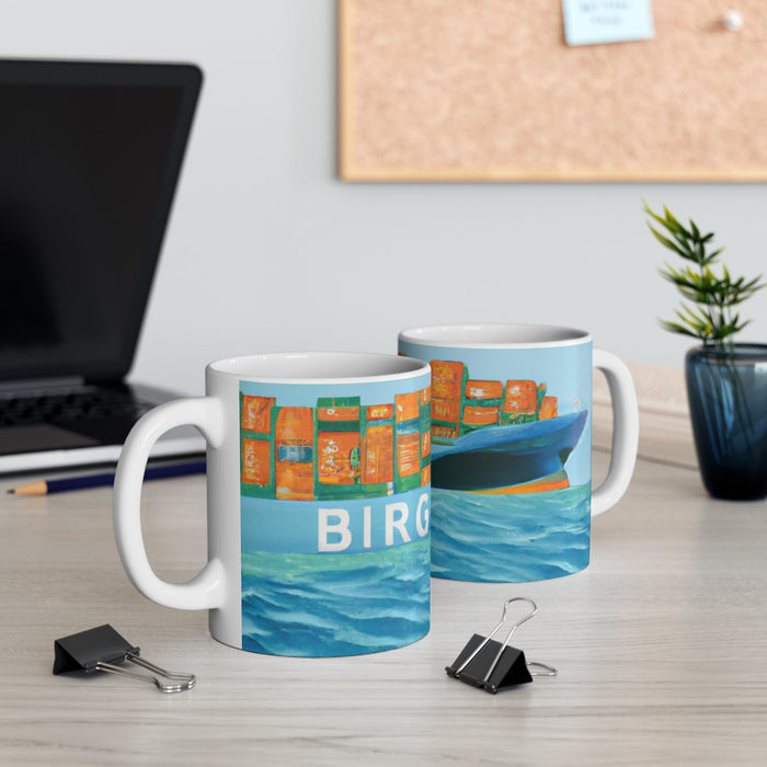 Artistic Cargo Vessel Coffee Cup: white, turquoise abstract illustrated storefront/signage and ocean waves, colorful artistic