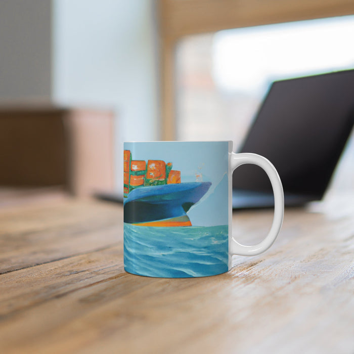 Artistic Cargo Vessel Coffee Cup: white, turquoise abstract illustrated storefront/signage and ocean waves, colorful artistic