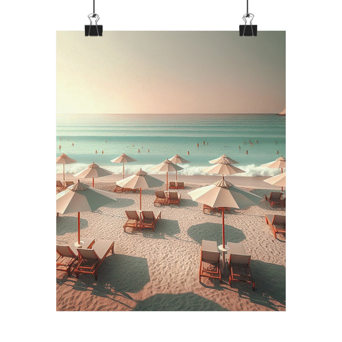 Artistic Poster for Your Relaxing Holidays: beige, tan beach scene, soft pastel coastal photography/illustration style