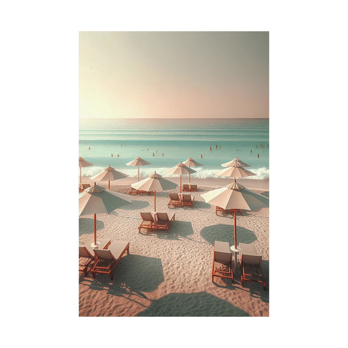 Artistic Poster for Your Relaxing Holidays: beige, tan beach scene, soft pastel coastal photography/illustration style