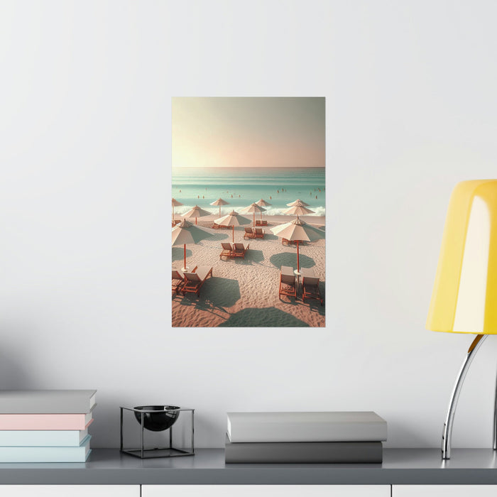 Artistic Poster for Your Relaxing Holidays: beige, tan beach scene, soft pastel coastal photography/illustration style
