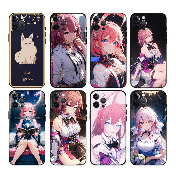 Asta Honkai Star Rail Phone Cases: black, pink anime-style pink-haired female character; one case features a cartoon cat, ani