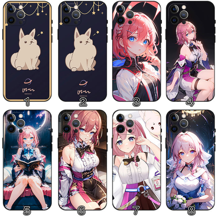 Asta Honkai Star Rail Phone Cases: black, pink anime-style pink-haired female character; one case features a cartoon cat, ani
