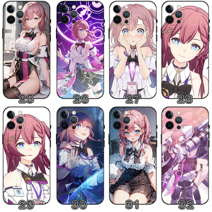 Asta Honkai Star Rail Phone Cases: black, pink anime-style pink-haired female character; one case features a cartoon cat, ani