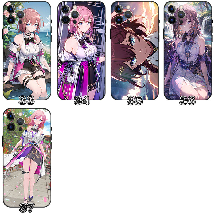 Asta Honkai Star Rail Phone Cases: black, pink anime-style pink-haired female character; one case features a cartoon cat, ani
