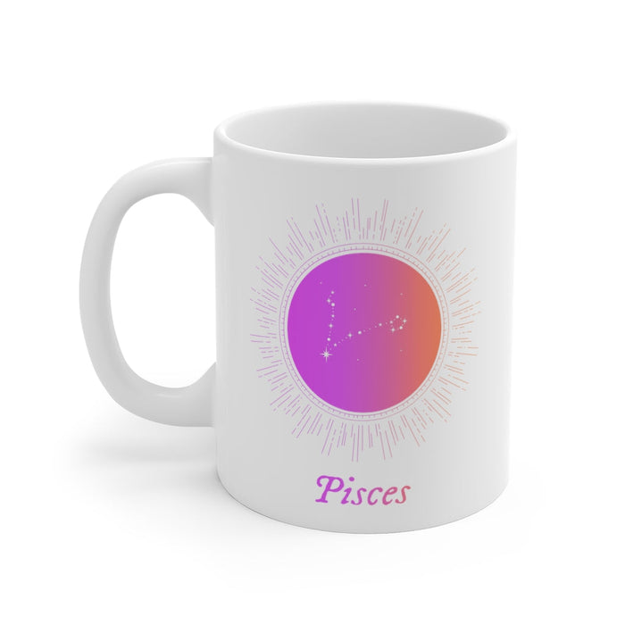 Astrological Mug for PISCES Zodiac Sign: white, purple Pisces zodiac sign, minimal zodiac-themed graphic style