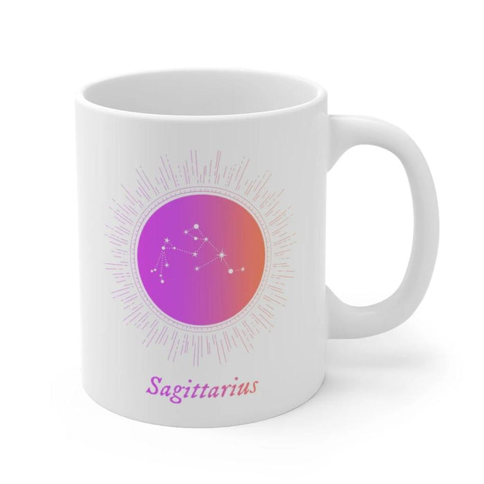 Astrological Mug for Sagittarius: white, purple Sagittarius zodiac constellation, minimal celestial zodiac graphic style
