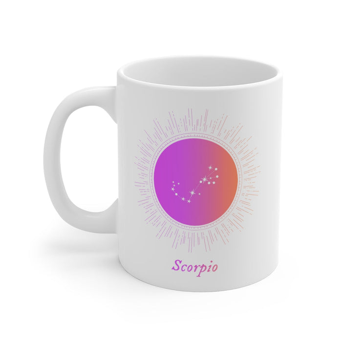 Astrological Mug for SCORPIO Zodiac Sign: white, purple Scorpio zodiac sign, minimal celestial zodiac style