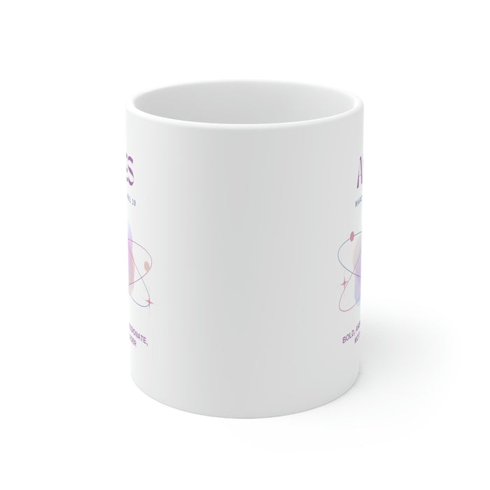 Astrological Traits Coffee Mug: Unveiling the Characteristics of Aries: white, purple Aries zodiac theme, minimal graphic zod