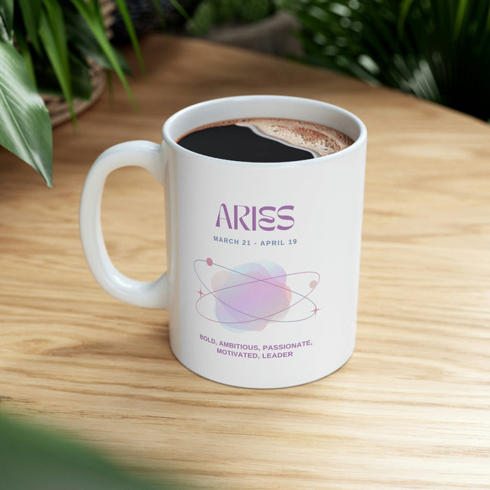 Astrological Traits Coffee Mug: Unveiling the Characteristics of Aries: white, purple Aries zodiac theme, minimal graphic zod