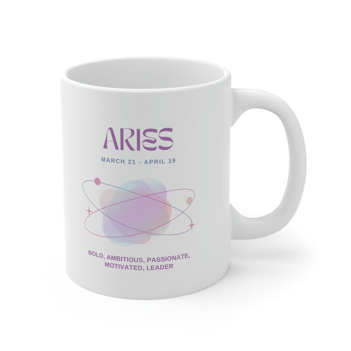 Astrological Traits Coffee Mug: Unveiling the Characteristics of Aries: white, purple Aries zodiac theme, minimal graphic zod