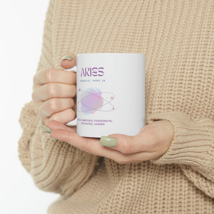 Astrological Traits Coffee Mug: Unveiling the Characteristics of Aries: white, purple Aries zodiac theme, minimal graphic zod
