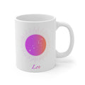 Astrology Leo Mug: white, purple Leo zodiac theme, minimal celestial graphic style