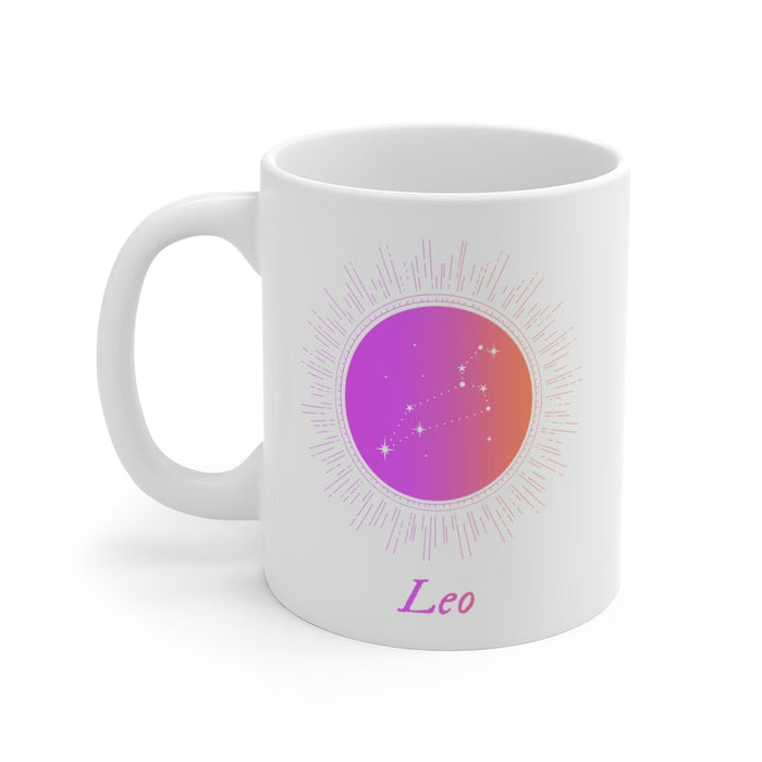 Astrology Leo Mug: white, purple Leo zodiac theme, minimal celestial graphic style
