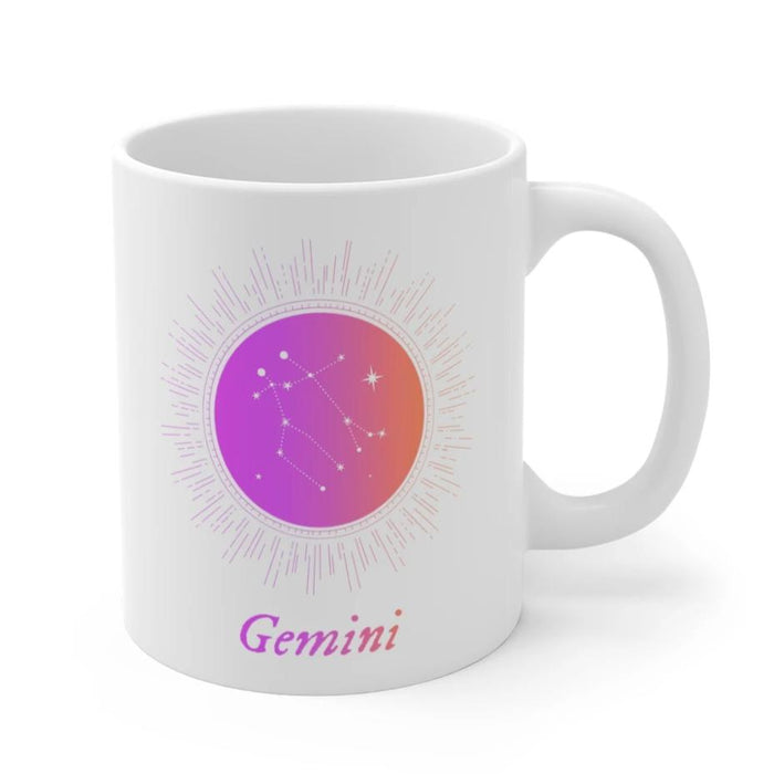 Astrology Mug, GEMINI Zodiac Sign: white, purple Gemini zodiac constellation, minimal celestial zodiac graphic style
