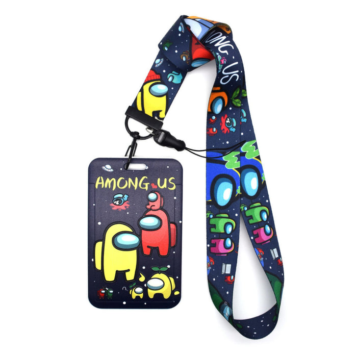 Astronaut Badge Holder with Lanyard: dark navy, black Among Us game characters, cartoon gaming style