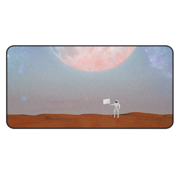 Astronaut's Arrival on Planet X Mouse Pad Desk Mat: blue-gray, pink astronaut on a moonlike landscape beneath a large planet