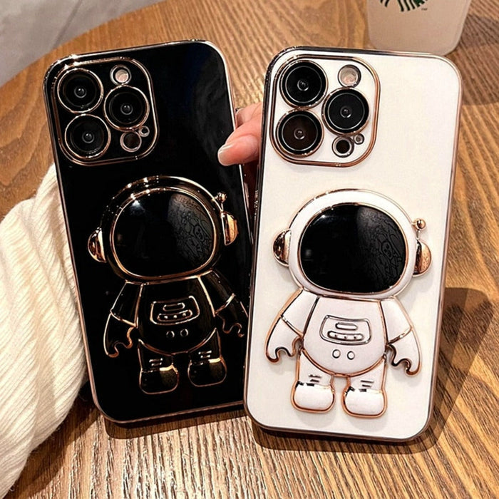 Astronomical iPhone Case with Built-in Stand: black, white astronaut character, cartoon style