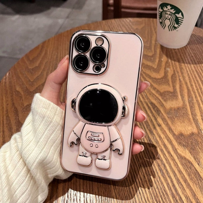 Astronomical iPhone Case with Built-in Stand: black, white astronaut character, cartoon style