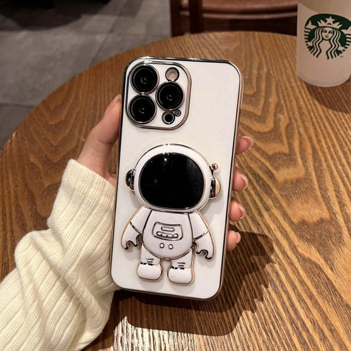 Astronomical iPhone Case with Built-in Stand: black, white astronaut character, cartoon style