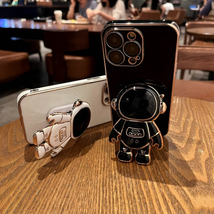 Astronomical iPhone Case with Built-in Stand: black, white astronaut character, cartoon style