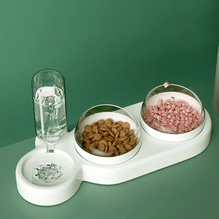 Automatic Tilted Pet Bowl Collection: light gray, clear cat and dog, minimal modern pet accessory style