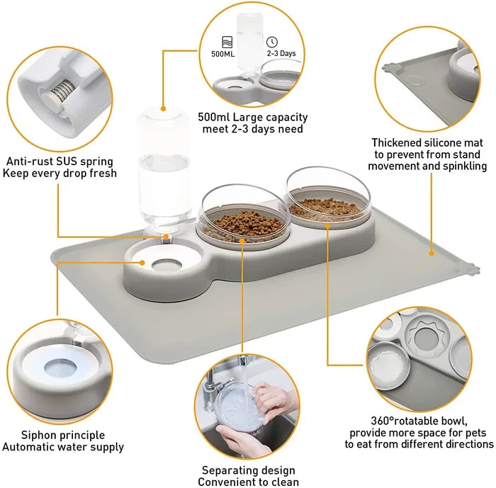 Automatic Tilted Pet Bowl Collection: light gray, clear cat and dog, minimal modern pet accessory style