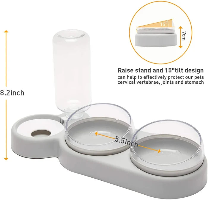 Automatic Tilted Pet Bowl Collection: light gray, clear cat and dog, minimal modern pet accessory style